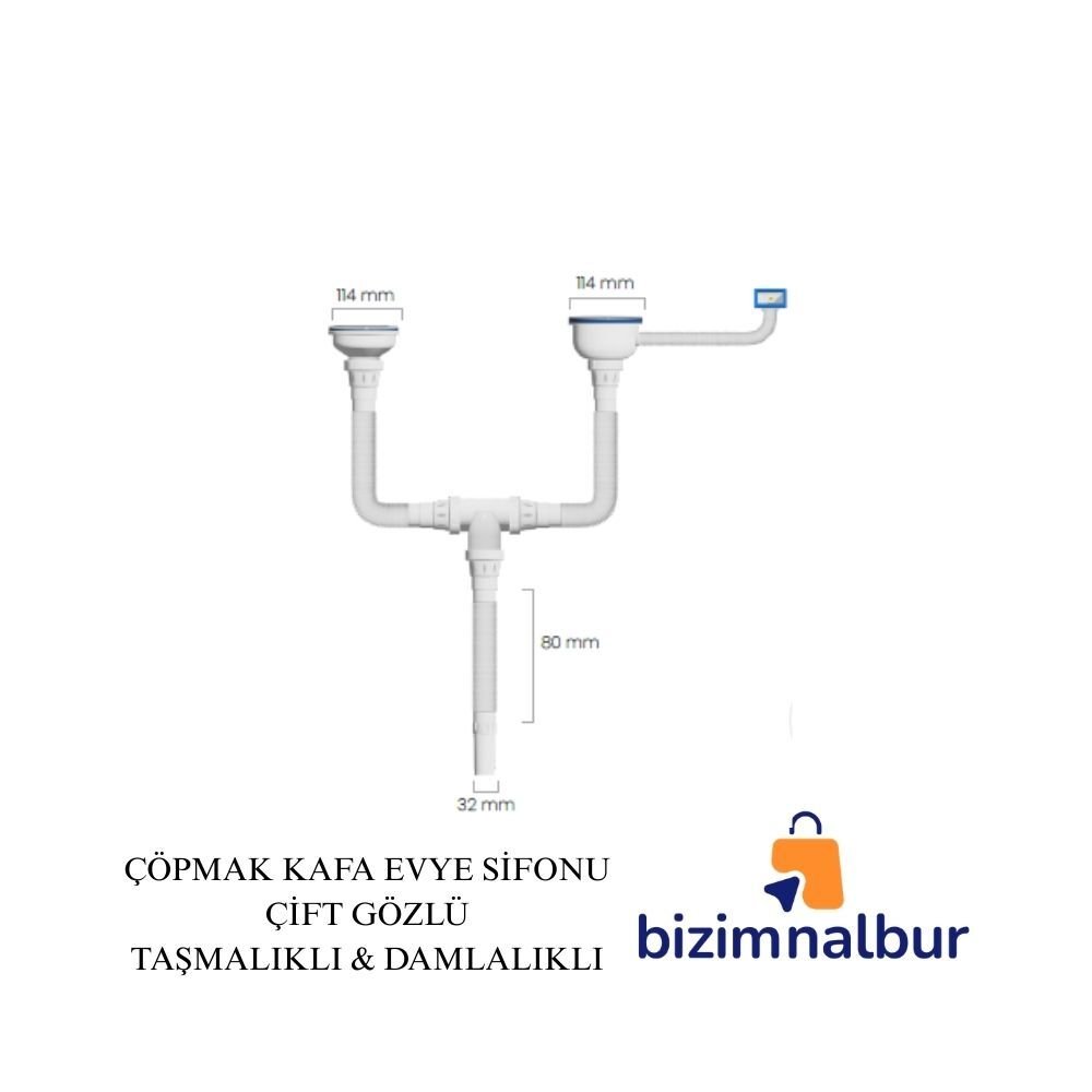 Çöpmak Kafa Körüklü Evye Sifonu Çift Gözlü Taşmalıklı & Damlalıklı